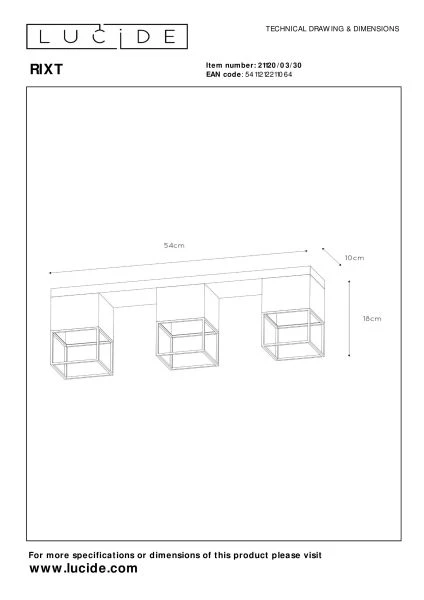 Lucide RIXT - Plafonnière - 3xE27 - Zwart - technisch